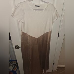 ZARA Two-Tone Short Sleeve Maxi Dress (Cotton And Satin)